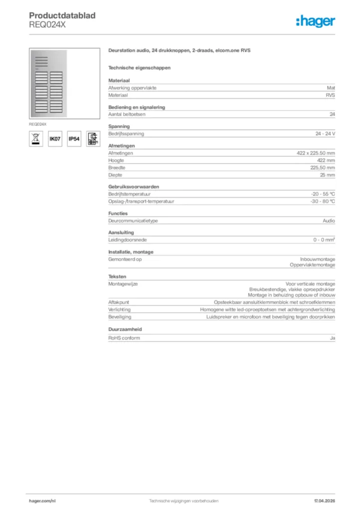 Afbeelding Hager Productdatablad REQ024X | Hager Nederland