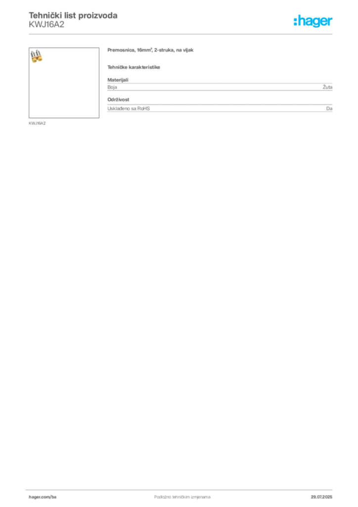 Slika Hager Product data sheet KWJ16A2  | Hager