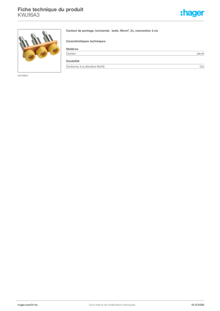 Image Hager Fiche technique du produit KWJ16A3 | Hager Belgique