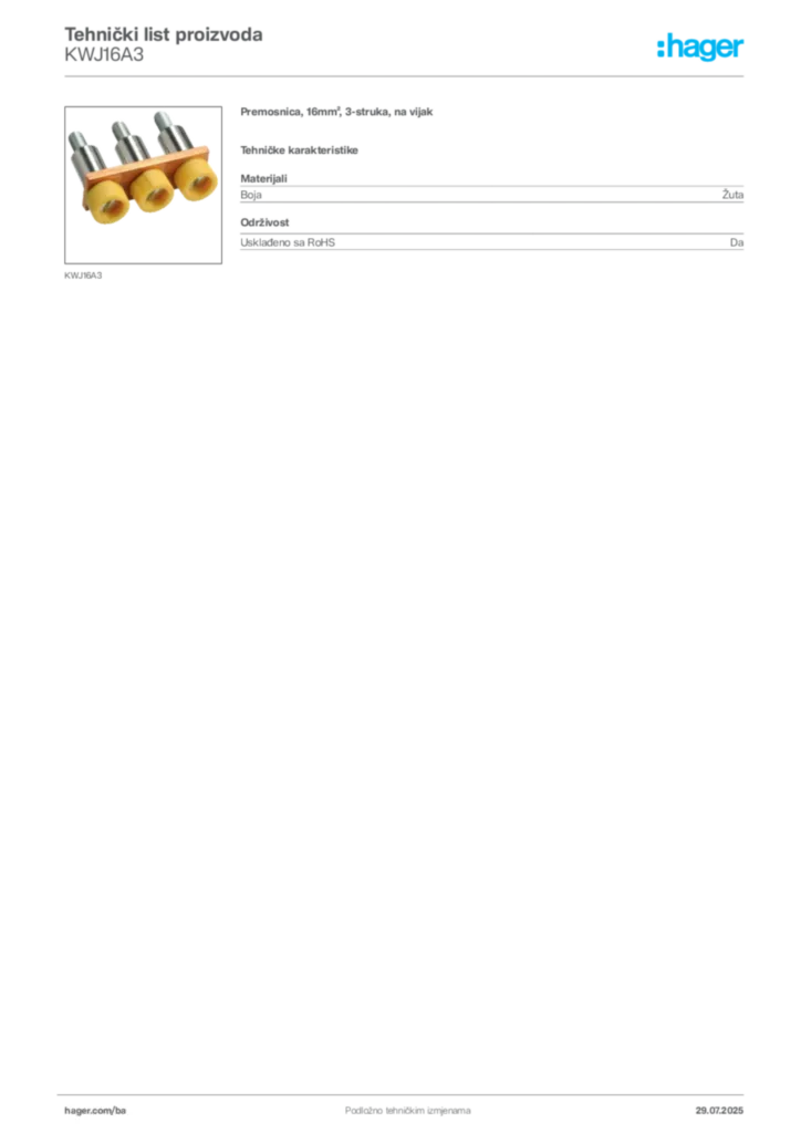 Slika Hager Product data sheet KWJ16A3  | Hager