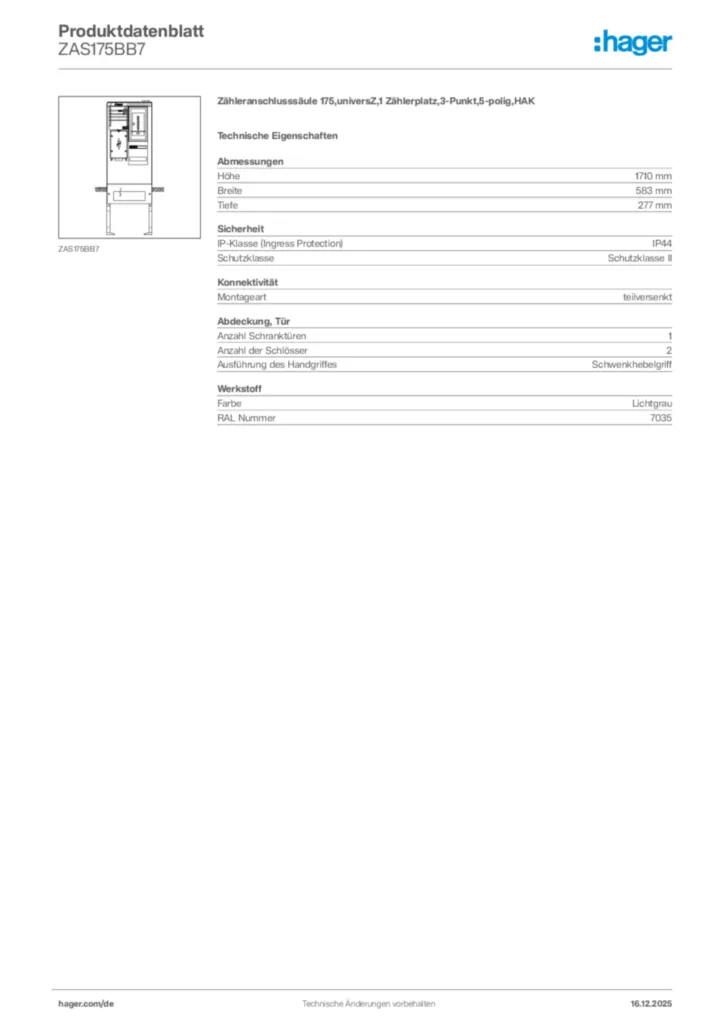 Bild Hager Produktdatenblatt ZAS175BB7 | Hager Deutschland