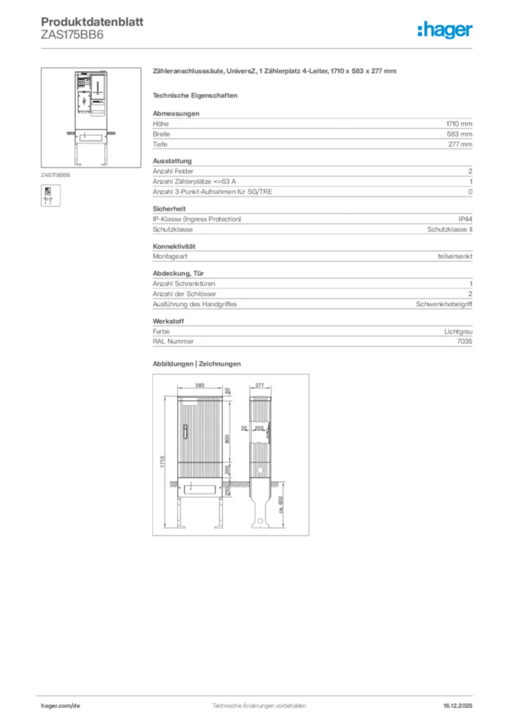 Bild Hager Produktdatenblatt ZAS175BB6 | Hager Deutschland