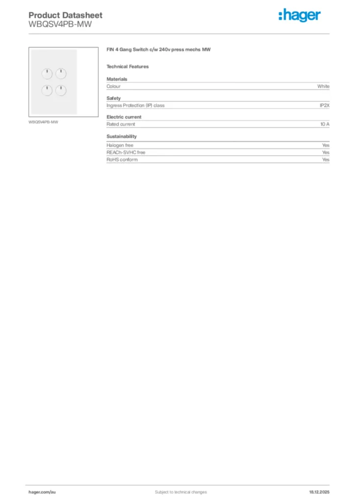 Image Hager Product data sheet WBQSV4PB-MW  | Hager Australia