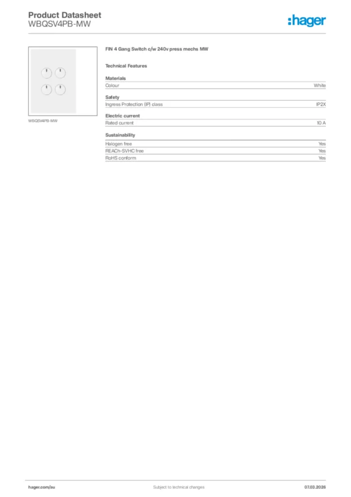 Image Hager Product data sheet WBQSV4PB-MW  | Hager Australia