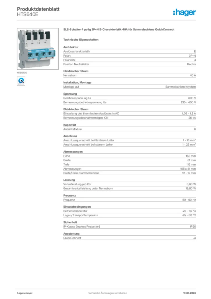 Bild Hager Produktdatenblatt HTS640E | Hager Deutschland