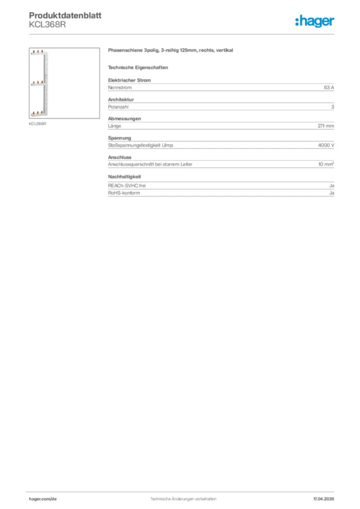 Bild Hager Produktdatenblatt KCL368R | Hager Deutschland