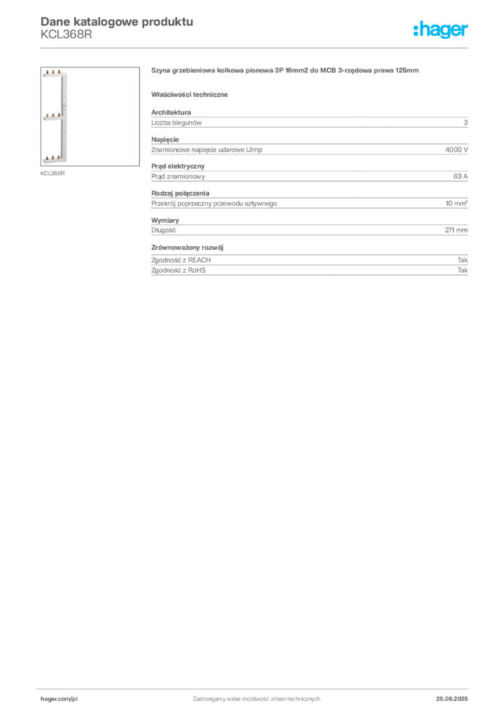Zdjęcie Hager Karta katalogowa KCL368R | Hager Polska