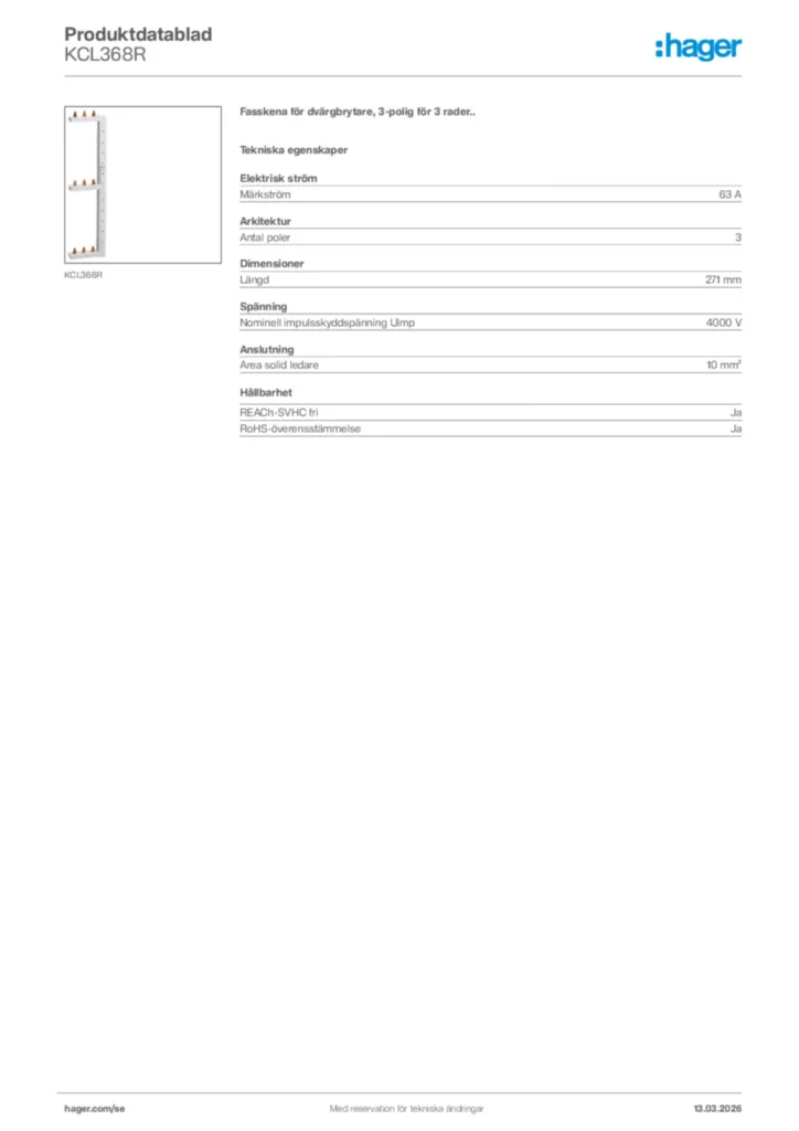 Bild Hager Produktdatablad KCL368R | Hager Sverige