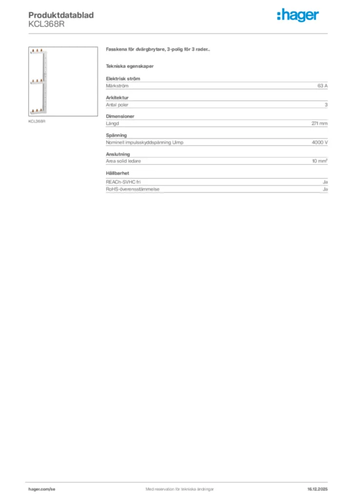 Bild Hager Produktdatablad KCL368R | Hager Sverige