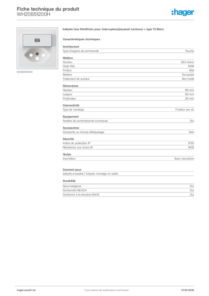 Image Hager Fiche technique du produit WH20851200H | Hager Suisse