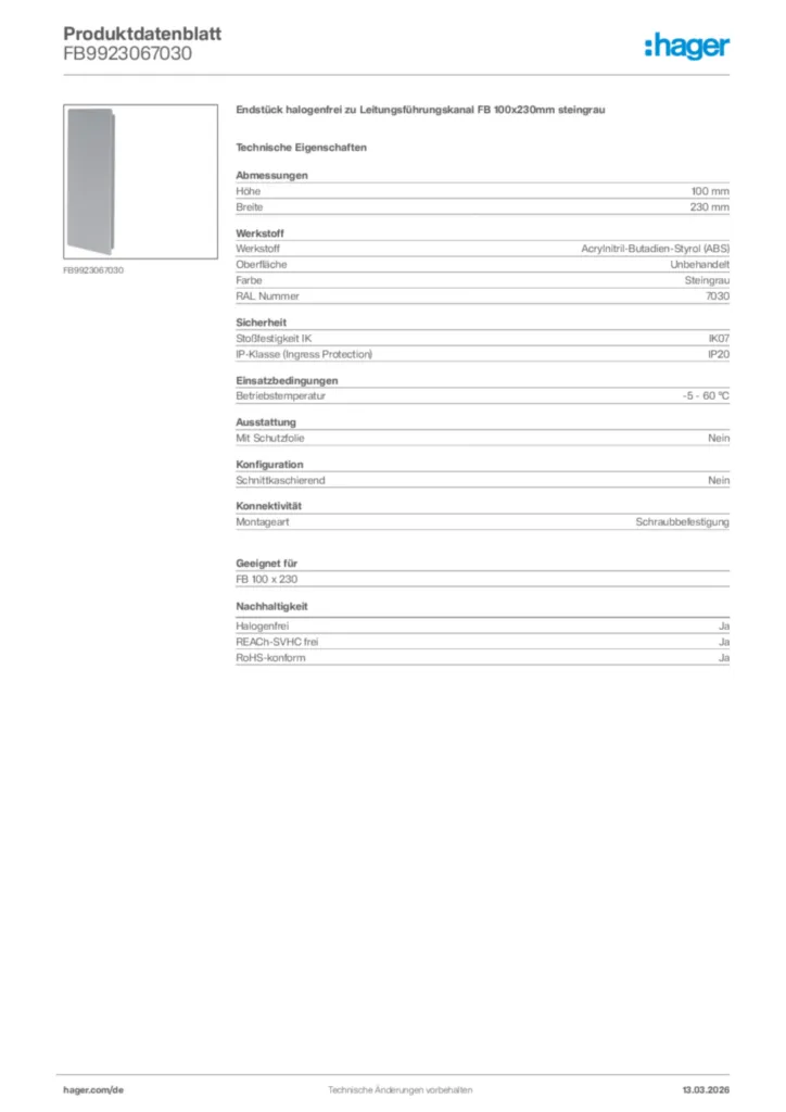 Bild Hager Produktdatenblatt FB9923067030 | Hager Deutschland