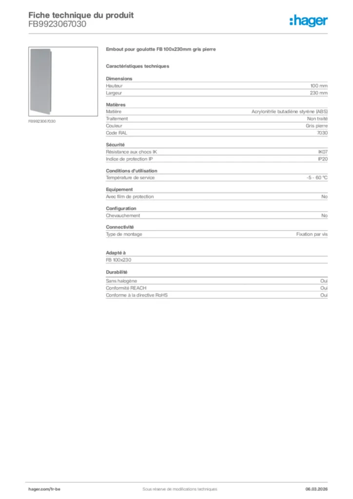 Image Hager Fiche technique du produit FB9923067030 | Hager Belgique