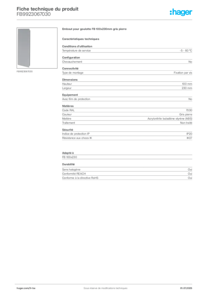 Image Hager Fiche technique du produit FB9923067030 | Hager Belgique