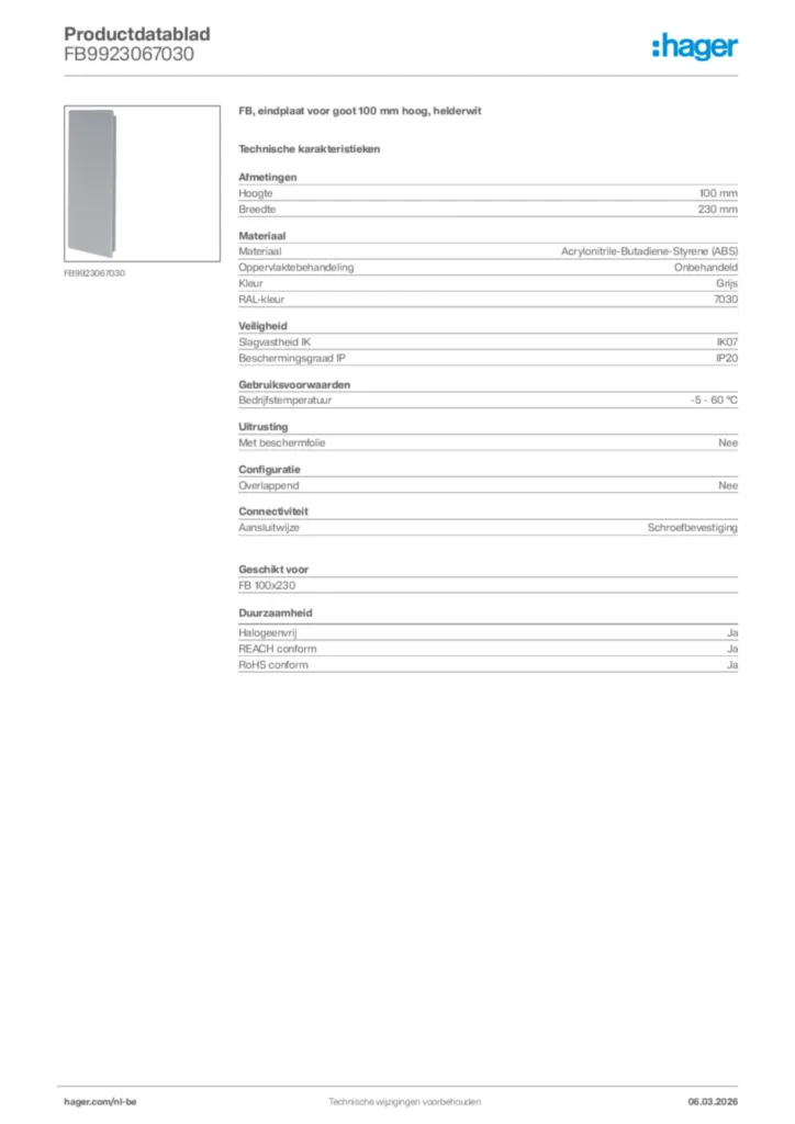 Afbeelding Hager Productdatablad FB9923067030 | Hager Belgium