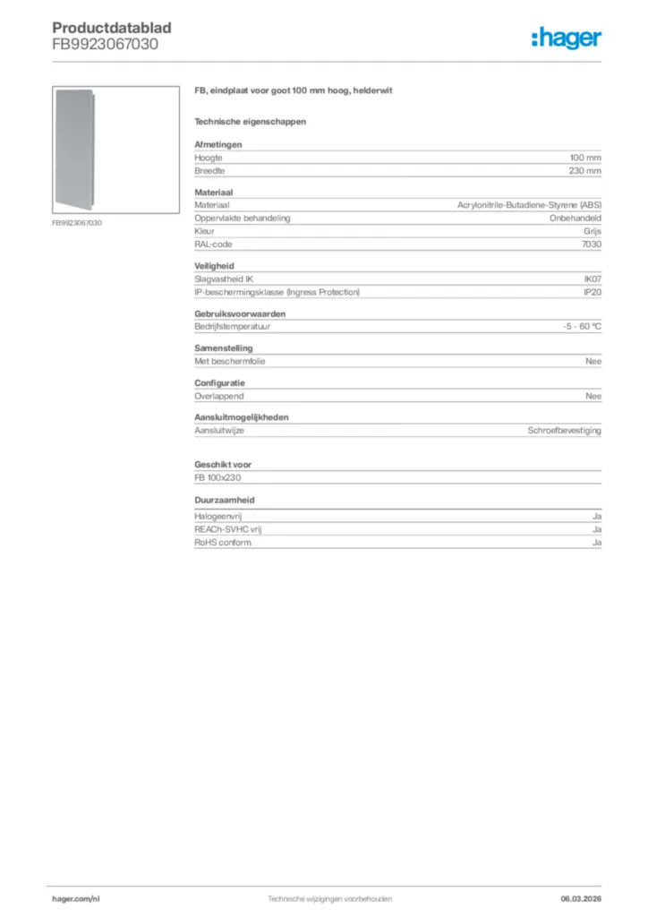 Afbeelding Hager Productdatablad FB9923067030 | Hager Nederland