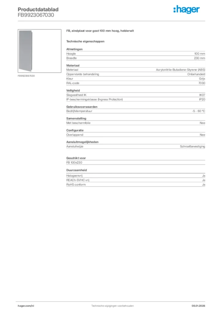 Afbeelding Hager Productdatablad FB9923067030 | Hager Nederland