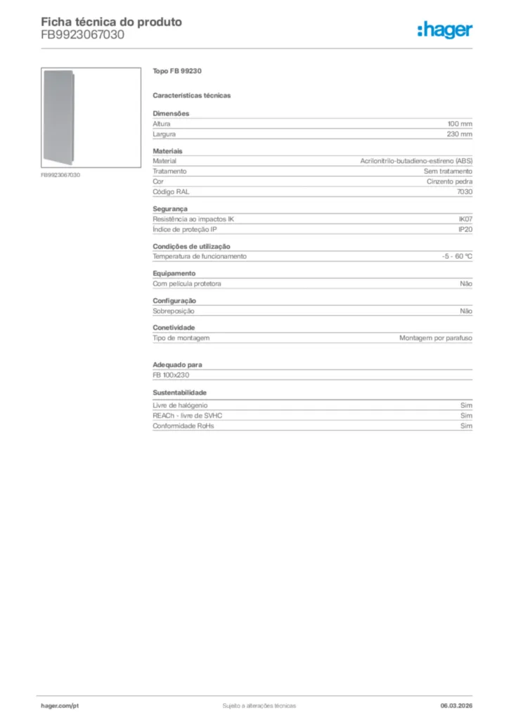 Imagem Hager Ficha técnica do produto FB9923067030 | Hager Portugal