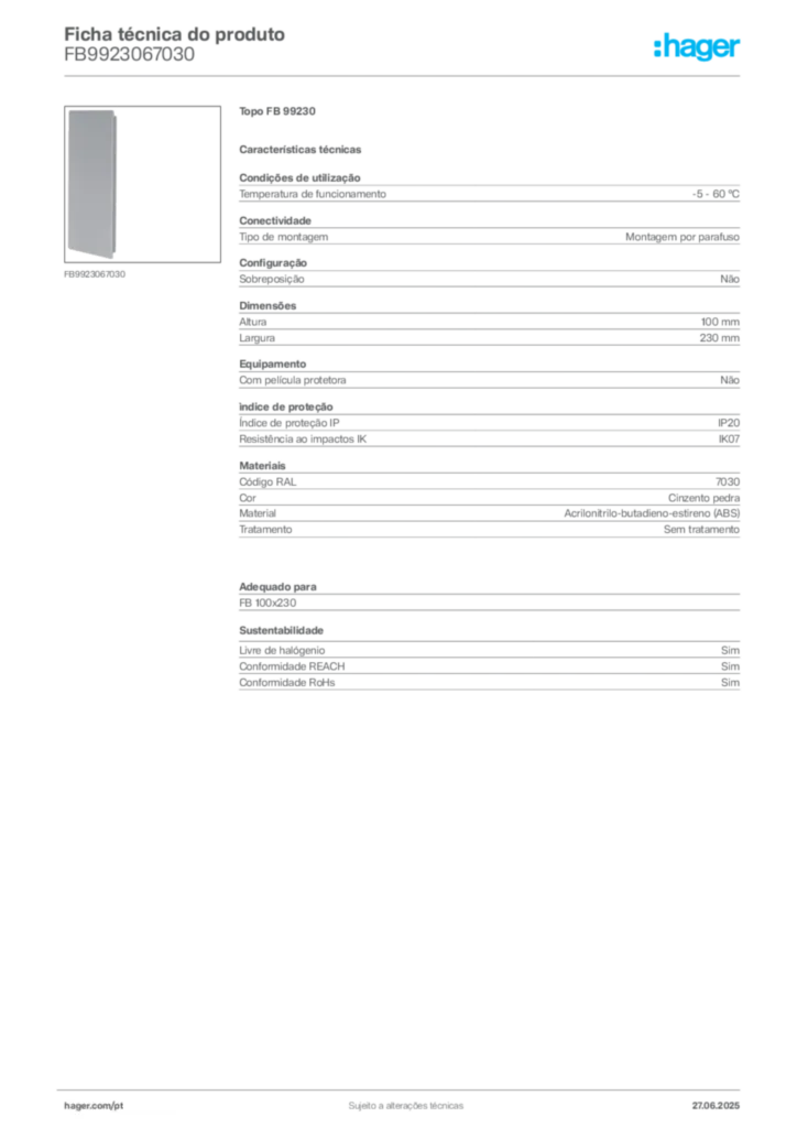 Imagem Hager Ficha técnica do produto FB9923067030 | Hager Portugal