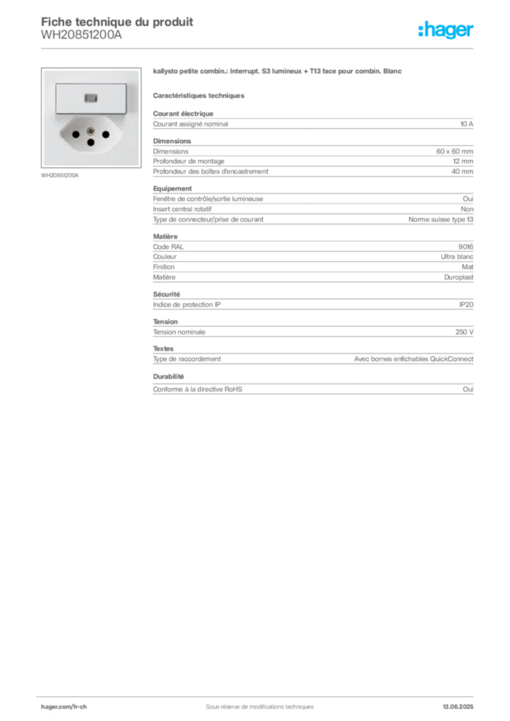 Image Hager Fiche technique du produit WH20851200A | Hager Suisse