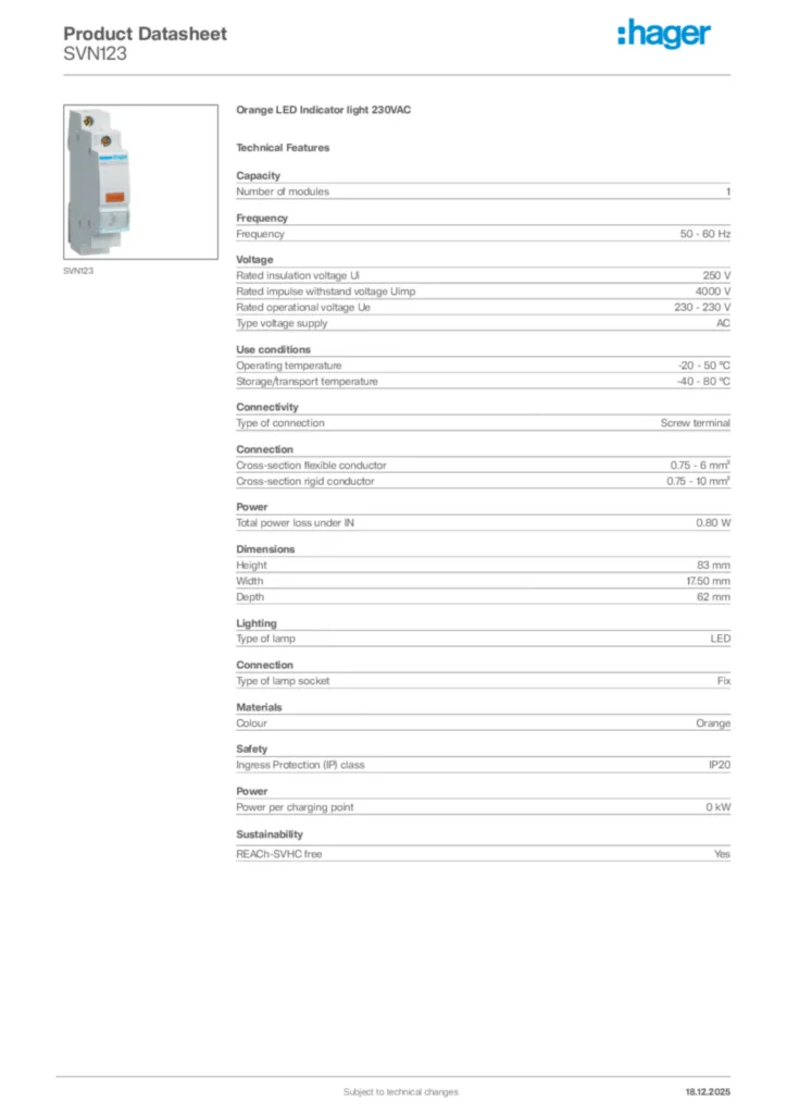 Image Hager Product data sheet SVN123  | Hager