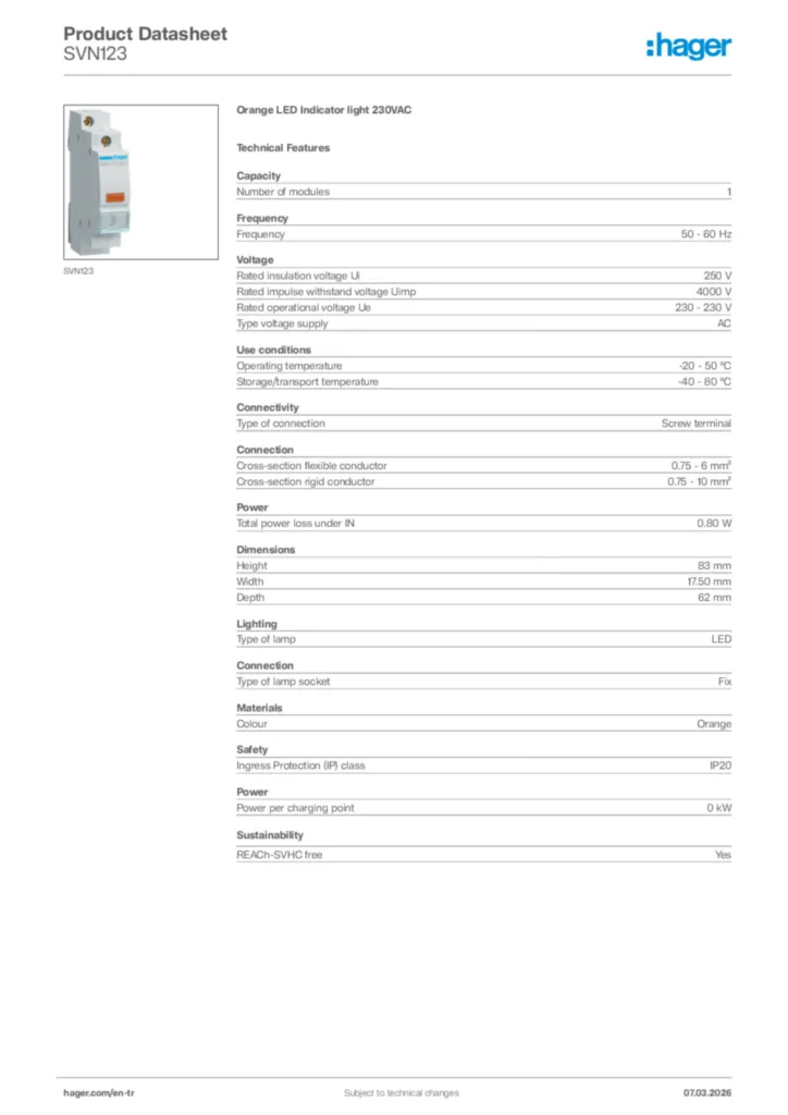 Image Hager Product data sheet SVN123  | Hager