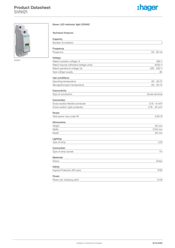 Image Hager Product data sheet SVN121  | Hager