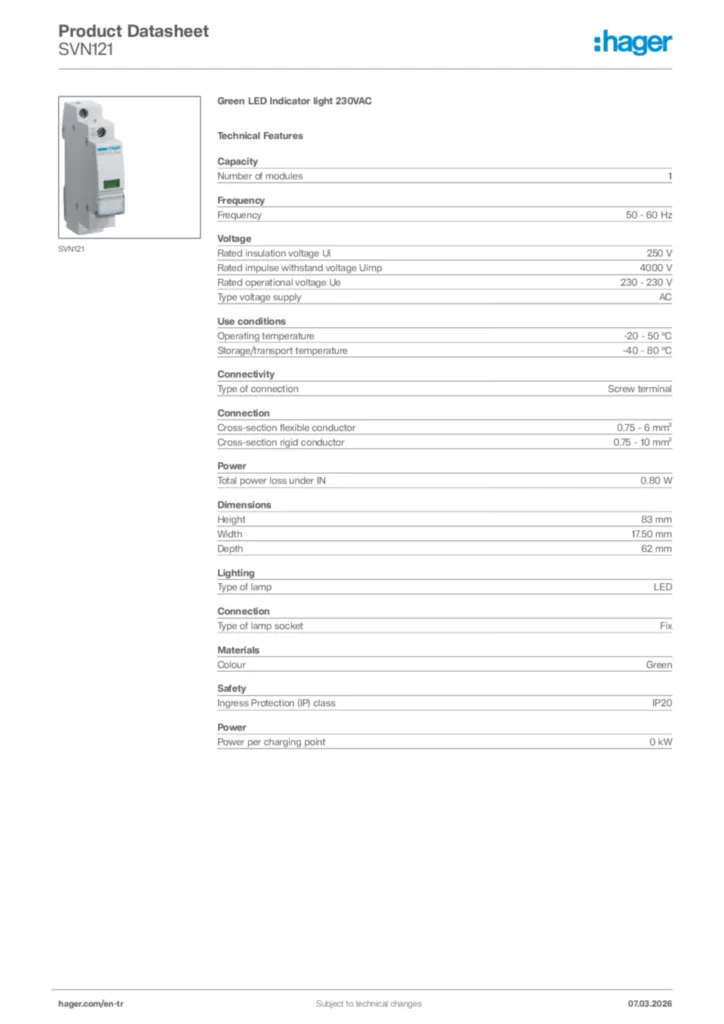 Image Hager Product data sheet SVN121  | Hager