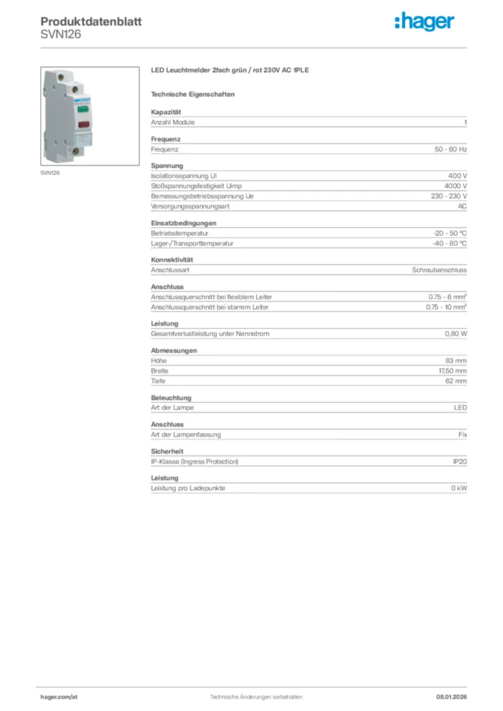 Bild Hager Produktdatenblatt SVN126 | Hager Deutschland