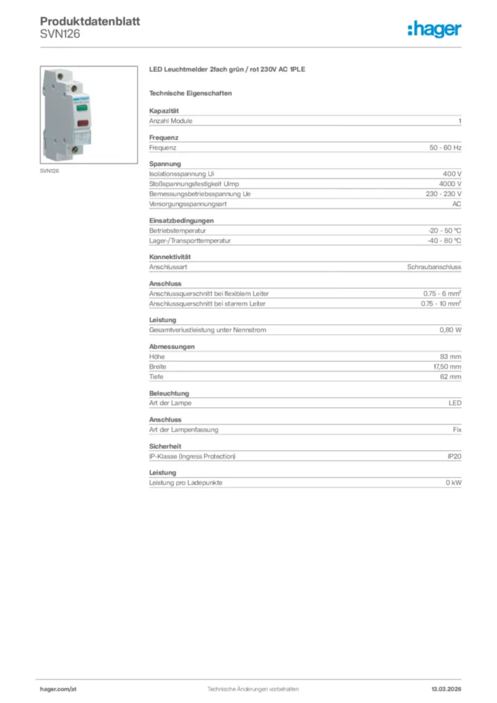 Bild Hager Produktdatenblatt SVN126 | Hager Deutschland