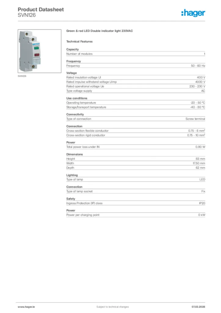 Image Hager Product data sheet SVN126  | Hager