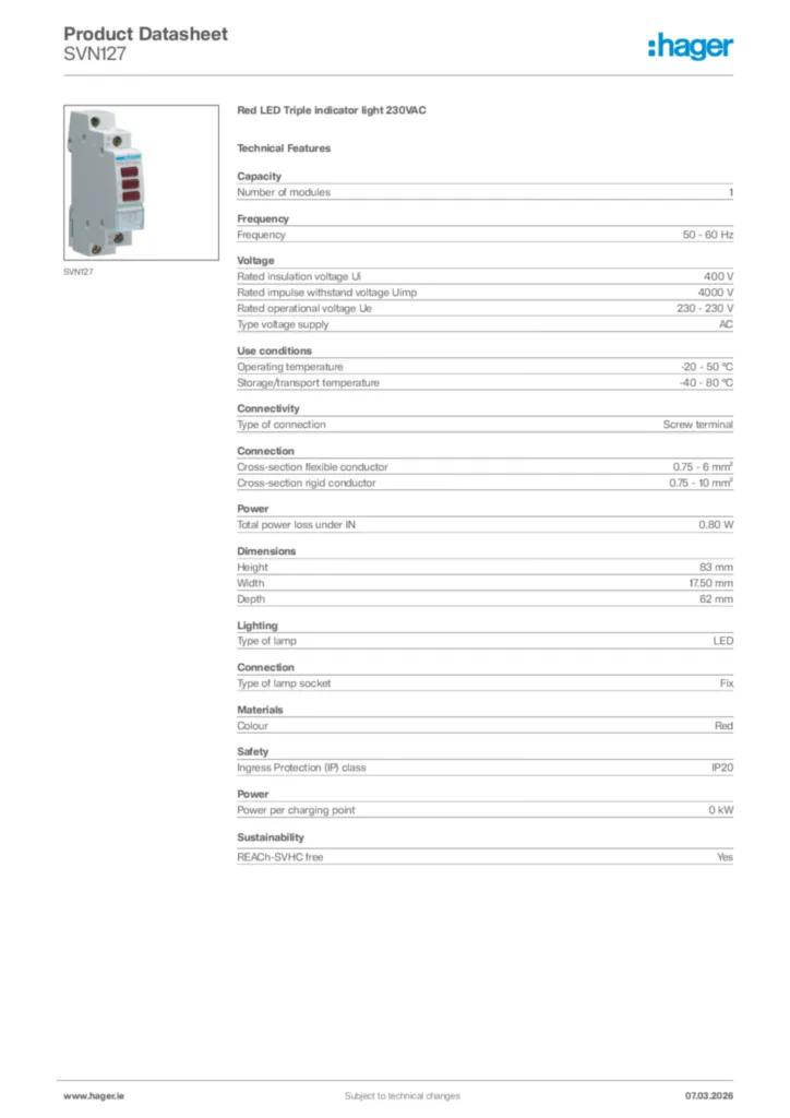 Image Hager Product data sheet SVN127  | Hager