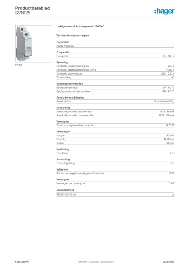 Afbeelding Hager Productdatablad SVN125 | Hager Nederland
