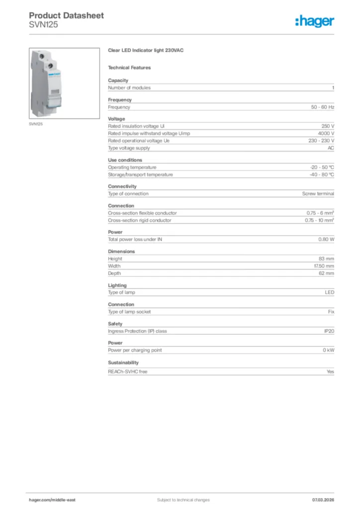 Image Hager Product data sheet SVN125  | Hager