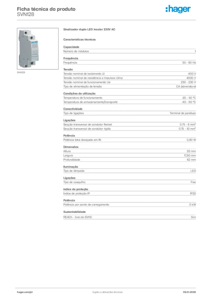 Imagem Hager Ficha técnica do produto SVN128 | Hager Portugal