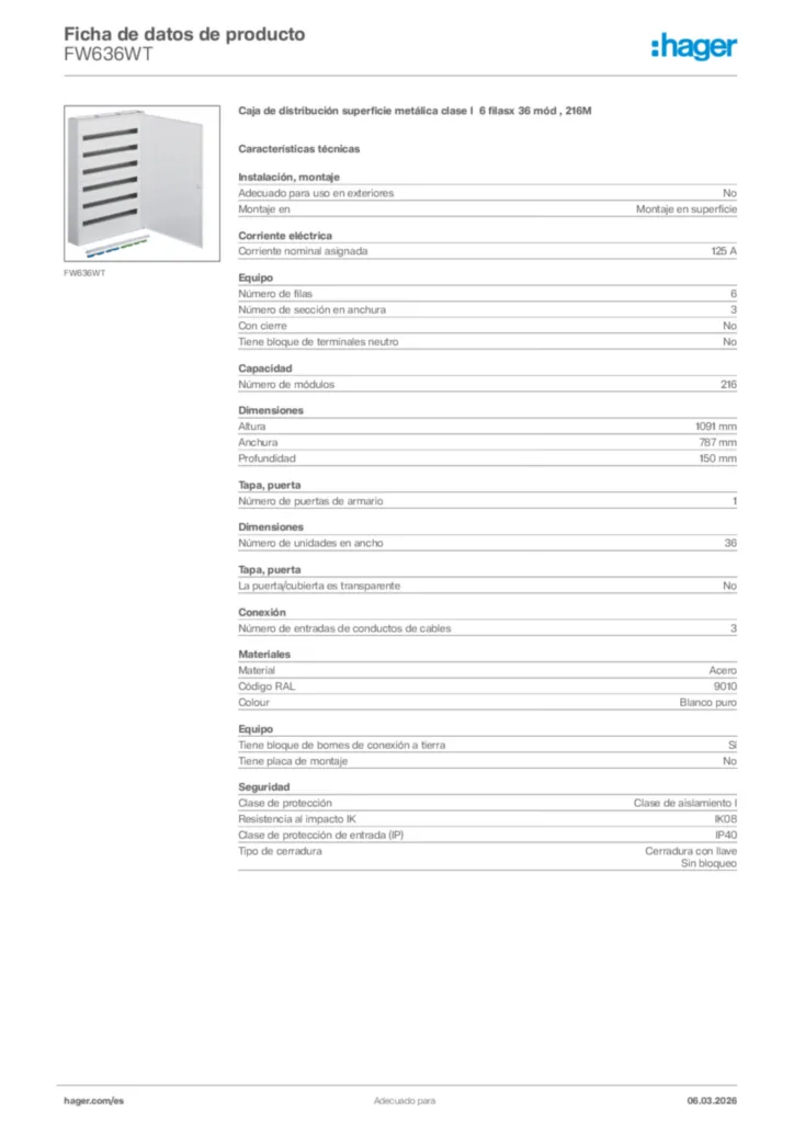 Imagen Hager Ficha de datos de producto FW636WT | Hager España