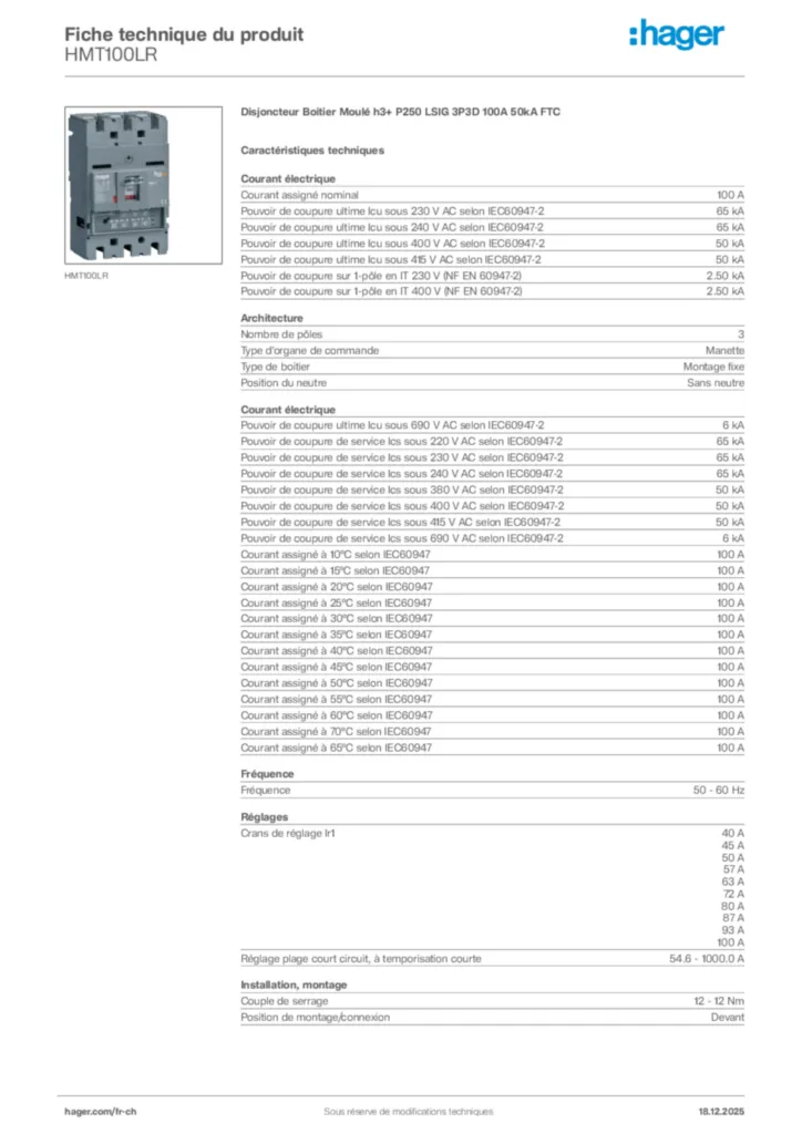 Image Hager Fiche technique du produit HMT100LR | Hager Suisse
