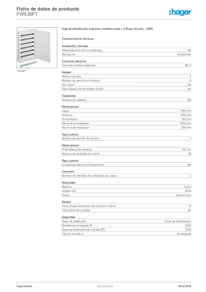 Imagen Hager Ficha de datos de producto FW636FT | Hager España