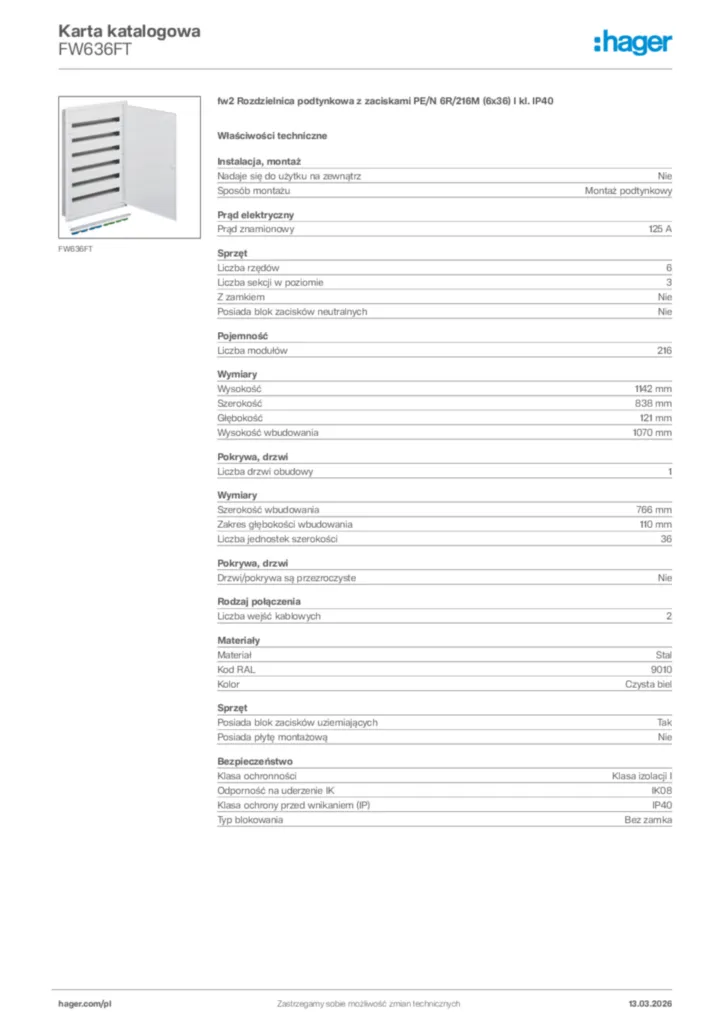 Zdjęcie Hager Karta katalogowa FW636FT | Hager Polska