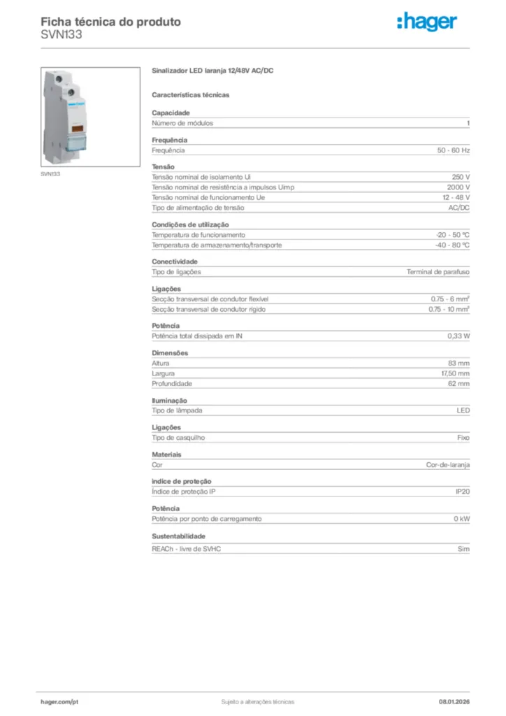 Imagem Hager Ficha técnica do produto SVN133 | Hager Portugal