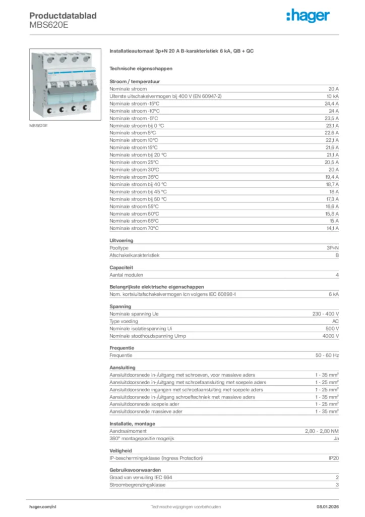 Afbeelding Hager Productdatablad MBS620E | Hager Nederland