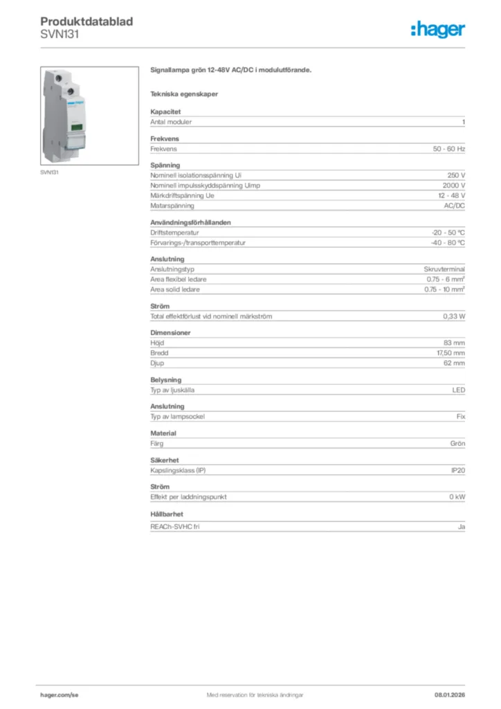 Bild Hager Produktdatablad SVN131 | Hager Sverige