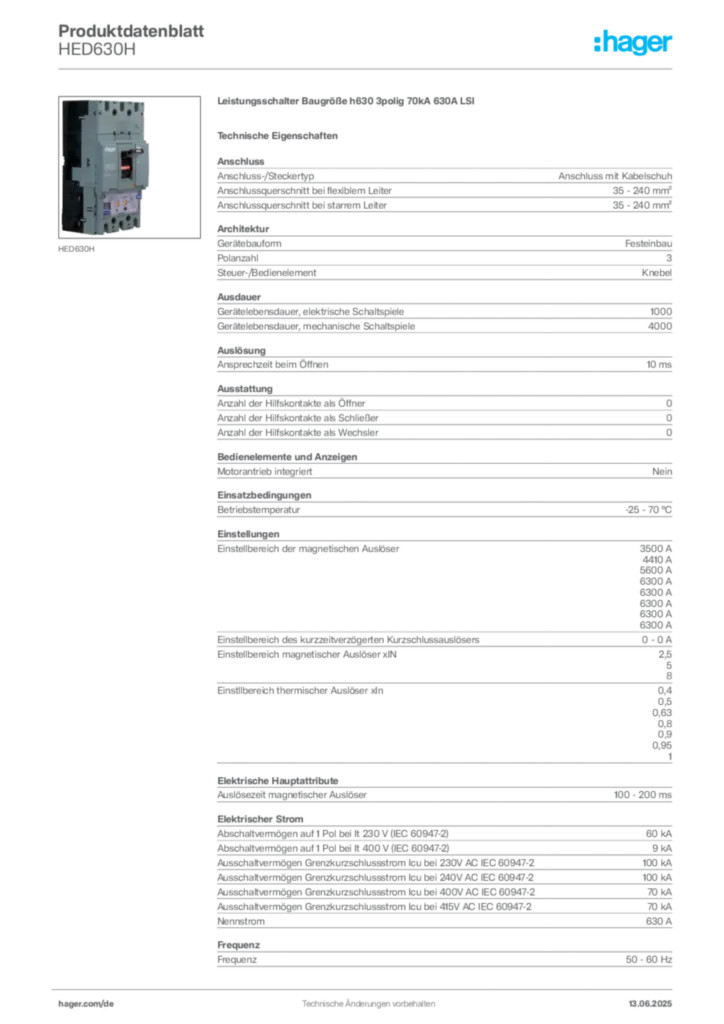 Bild Hager Produktdatenblatt HED630H | Hager Deutschland