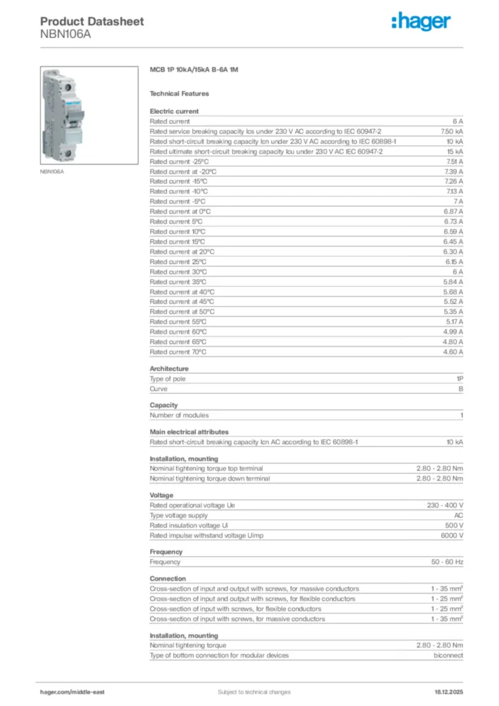 Image Hager Product data sheet NBN106A  | Hager