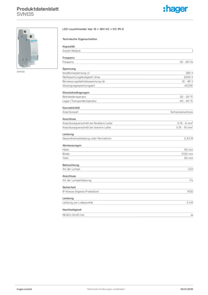 Bild Hager Produktdatenblatt SVN135 | Hager Deutschland