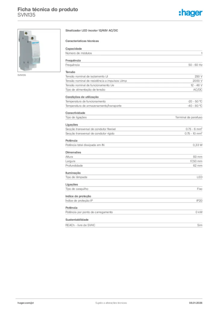 Imagem Hager Ficha técnica do produto SVN135 | Hager Portugal