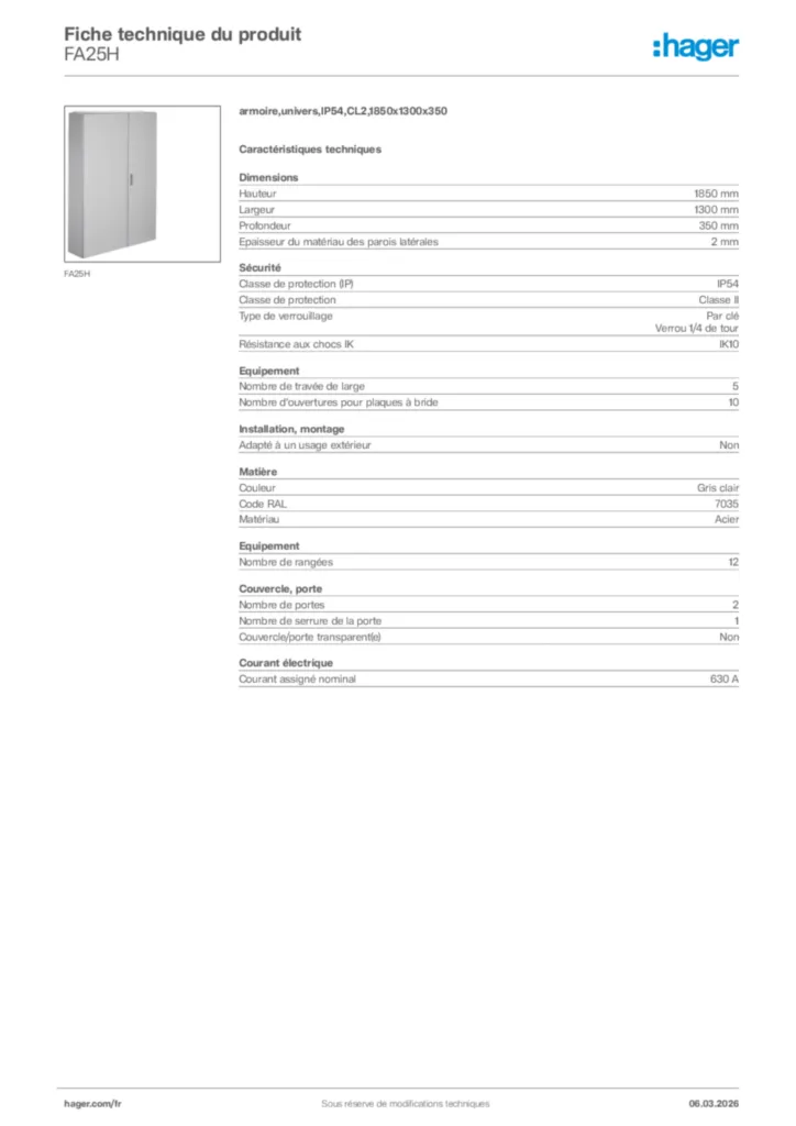 Image Hager Fiche technique du produit FA25H | Hager France
