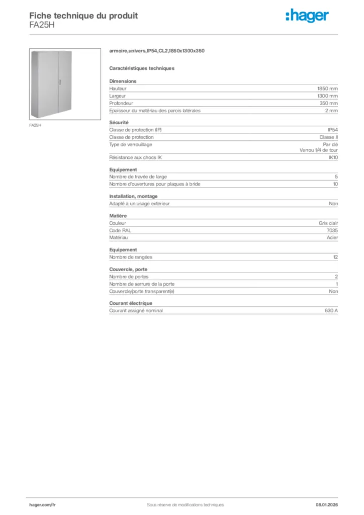 Image Hager Fiche technique du produit FA25H | Hager France