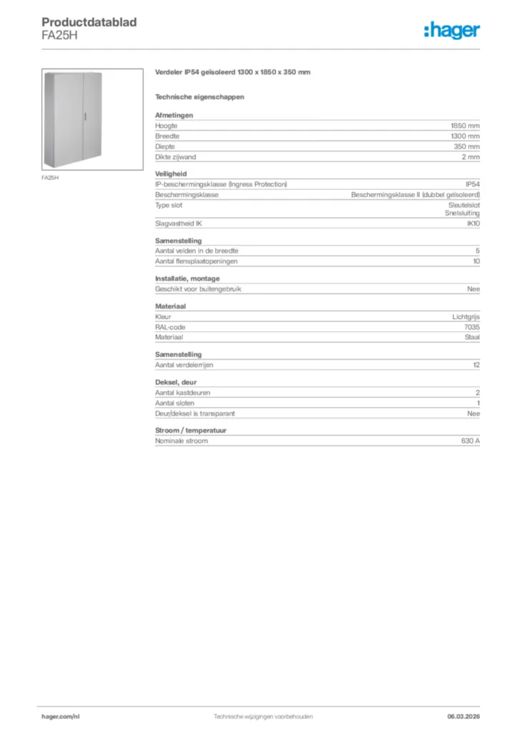Afbeelding Hager Productdatablad FA25H | Hager Nederland