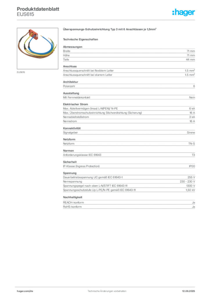 Hager Produktdatenblatt EUS615