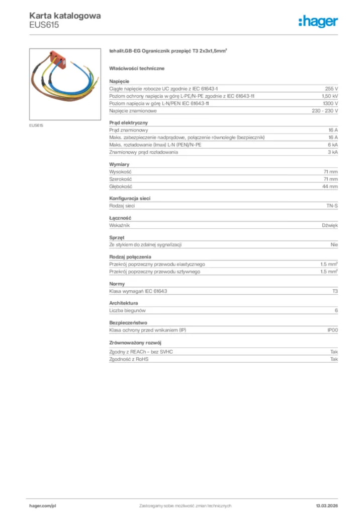Zdjęcie Hager Karta katalogowa EUS615 | Hager Polska